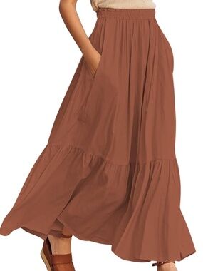 Women's Boho Flowy Elastic Waisted A-Line Maxi Skirts with Pockets Size Large